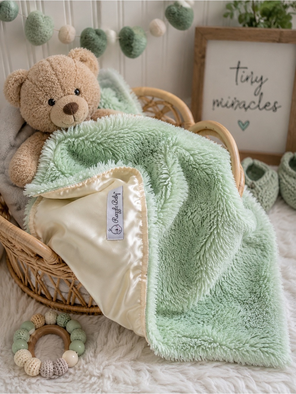 Razzle Baby Luxury Minky & Satin Security Blanket Lovey Mint Green Cream